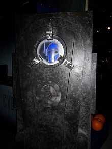 Cyberman in stasis as shown in the episode, on display at the Doctor Who Experience. Cyberman in stasis (10634651335).jpg