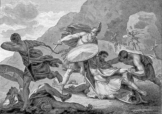 Eighteenth-century depiction of the battle, showing the younger Scipio rescuing his wounded father