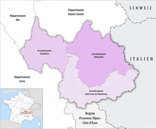 Map of arrondissements of the Savoie department. Departement Savoie Arrondissement 2019.png