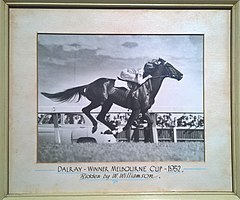 Dalray 1952 VRC Melbourne Cup Jockey Bill Williamson trenér Clarrie McCarthy.jpg