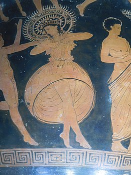 Dancer at festival of Apollo Karneios, wearing kalatiskos straw hat. 5th century BC
