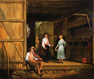 A romantic view of the threshing floor. Doors on both side-walls was common but not universal. The swinging doors are typical but here they are a rare type called haar hung (they are suspended from the one of the door style). Dancing on the Barn Floor.jpg