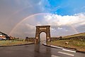 Roosevelt Arch at the north entrance to Yellowstone National Park in Gardiner, Montana, USA