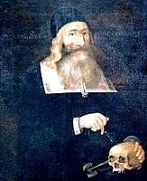 Dr. John Clarke trepanning a skull, ca. 1664, in one of the earliest American portraits. Clarke is alleged to have been the first physician to have performed the operation in the New England Colonies.