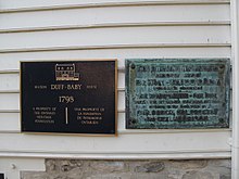 Duff-Baby House historical plaques. The right plaque reads "This dwelling was erected about 1790 by Hon. James Baby, legislative councillor. The headquarters of Gen. Hull when he invaded Canada in 1812, subsequently occupied by Gen. Brock, Col. Proctor and Gen. Harrison." Duff-Baby House historial plaques.JPG