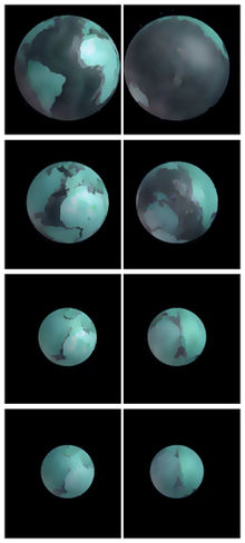 Potential reconstruction of continents bordering the Atlantic (left column) and Pacific (right column) oceans as they might have appeared at different points, going back in history, using the expanding Earth hypothesis, based on reconstructions by expanding Earth proponent Neal Adams EarthGrowth.jpg