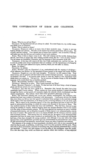 <span class="mw-page-title-main">The Conversation of Eiros and Charmion</span> 1839 short story by Edgar Allan Poe