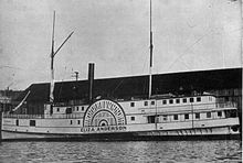 Eliza Anderson in later years, with forward deck enclosed, with upper deck extended fully to bow Eliza Anderson at pier.jpg