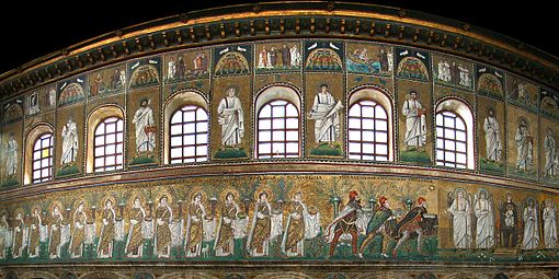 Мозаици леве стране брода с низом светица-мученица