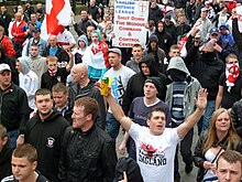 The English Defence League (demonstration pictured) was established by activists with BNP links, although the BNP has officially proscribed the group, accusing it of being manipulated by "Zionists". English Defence League protest in Newcastle.jpg