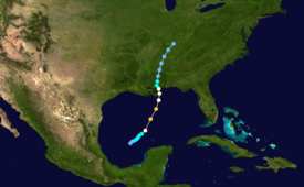 Map plotting the storm's track and intensity, according to the Saffir-Simpson scale

Map key
Saffir-Simpson scale
.mw-parser-output .div-col{margin-top:0.3em;column-width:30em}.mw-parser-output .div-col-small{font-size:90%}.mw-parser-output .div-col-rules{column-rule:1px solid #aaa}.mw-parser-output .div-col dl,.mw-parser-output .div-col ol,.mw-parser-output .div-col ul{margin-top:0}.mw-parser-output .div-col li,.mw-parser-output .div-col dd{page-break-inside:avoid;break-inside:avoid-column}
.mw-parser-output .legend{page-break-inside:avoid;break-inside:avoid-column}.mw-parser-output .legend-color{display:inline-block;min-width:1.25em;height:1.25em;line-height:1.25;margin:1px 0;text-align:center;border:1px solid black;background-color:transparent;color:black}.mw-parser-output .legend-text{}
Tropical depression (<=38 mph, <=62 km/h)

Tropical storm (39-73 mph, 63-118 km/h)

Category 1 (74-95 mph, 119-153 km/h)

Category 2 (96-110 mph, 154-177 km/h)

Category 3 (111-129 mph, 178-208 km/h)

Category 4 (130-156 mph, 209-251 km/h)

Category 5 (>=157 mph, >=252 km/h)

Unknown
Storm type
Tropical cyclone
Subtropical cyclone
Extratropical cyclone / Remnant low / Tropical disturbance / Monsoon depression Ethel 1960 track.png