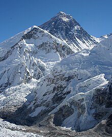 Mount Everest, the highest peak on earth, lies on the Nepal-China border. Everest kalapatthar crop.jpg