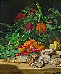 『牡蠣、魚、熱帯果実のある静物画』（Stillleben mit Austern, Fischen und Südfrüchten）1842年