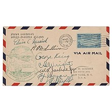 Crew-signed airmail cover carried on the Pan American Airways China Clipper for the first contract trans-Pacific flight, postmarked at San Francisco on November 22, 1935, signed in fountain pen by Captain Ed Musick, First Officer R. O. D. Sullivan, Fred Noonan (later Amelia Earhart's navigator), C. D. Wright, Victor Wright, George King, and William Jarboe. In fine condition.The China Clipper took off from Alameda, California, on November 22, 1935, making its way to Manila via Honolulu, Midway Island, Wake Island, and Guam over the course of one week. Carrying over 110,000 pieces of mail, this was a significant and successful attempt to deliver the first airmail cargo across the Pacific Ocean.