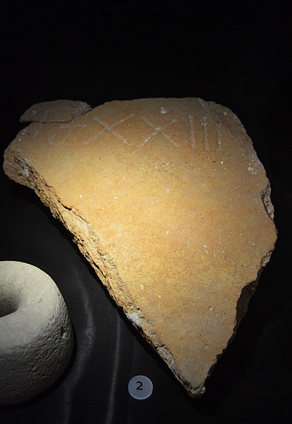 File:Fragment de dolium amb grafit numeral, vil·la Petrària, museu Dámaso Navarro de Petrer.jpg