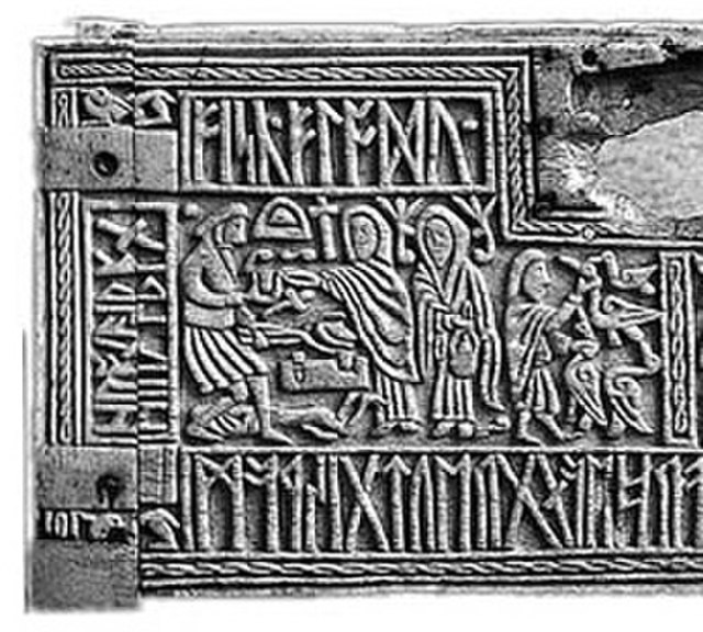 The right half of the front panel of the 7th century Franks Casket, depicting the legend of Wayland the Smith