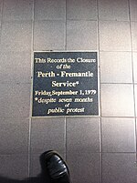 Plaque commemorating the closure of the Fremantle line at Perth station in 1979 Fremantle Line closure plaque.jpg