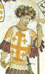 Godofredo de Bouillon, segurando um pollaxe.  (Castelo Manta, Cuneo, Itália) .jpg
