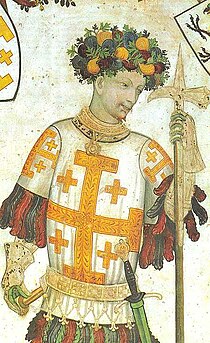 Godfrey of Bouillon, holding a pollaxe. (Manta Castle, Cuneo, Italy).jpg