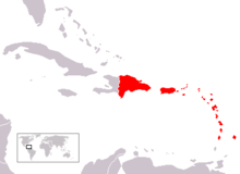 A map showing most of the Lesser Antilles in yellow. Puerto Rico and the Dominican Republic are pink