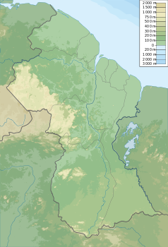 Mapa konturowa Gujany, blisko centrum na prawo znajduje się punkt z opisem „źródło”, natomiast u góry nieco na prawo znajduje się punkt z opisem „ujście”