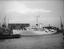 HMS Dianella (corvette). 25 January 1943, Royal Albert Dock. A14029.jpg