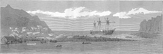 Megaera at Saint Paul Island before beaching, from the Illustrated London News HMS Megaera (1849) at St Paul Island.jpg