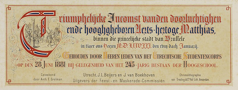 File:HUA-29165-Titelblad van de maskerade van de studenten van het Utrechtsch Studenten Corps op 28 juni 1881 ter gelegenheid van het 49ste lustrum voorstellende de .jpg