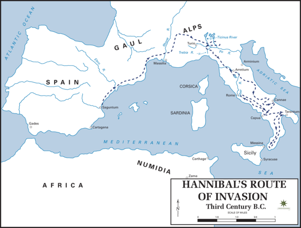 Hannibal's route of invasion given by the Department of History, United States Military Academy. There is a mistake in the scale.