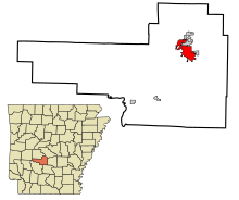 Hot Spring County Arkansas Incorporated and Unincorporated miejsc Malvern Highlighted.svg