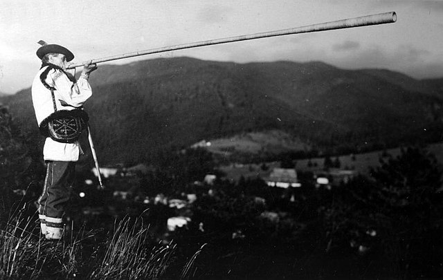 Hutsul plays trembita trumpet