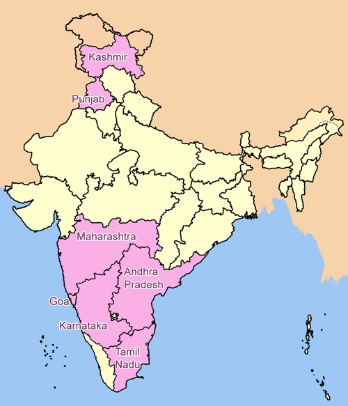 The major wine regions of India highlighted. To the north is Kashmir and Punjab. To the south (clockwise from top) is Maharashtra, Andhra Pradesh, Tamil Nadu, Karnataka, and Goa.