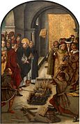El milagro de Fanjeaux. Santo Domingo hizo quemar un libro albigense, mientras uno católico se salva de las llamas, levitando. Pintura de Pedro Berruguete, 1493-1499, procedente del claustro alto de Santo Tomás de Ávila.