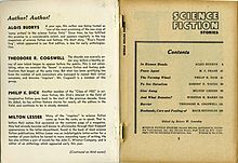 Inside front cover has profiles of Algis Budrys, Theodore R. Cogswell, Philip K. Dick and Milton Lesser (best known by pen name, Steven Marlowe) who were all still new authors at the time. Contents are In Human Hands by Algis Budrys, Peace Agent by M.C. Pease, The Turning Wheel by Philip K. Dick, To See Ourselves by Robert F. Young, Give Away by Milton Lesser, And What Remains? by Winston K. Marks, Barrier by Theodore R. Cogswell and Husbands, Care and Feeding of by Mack Reynolds.