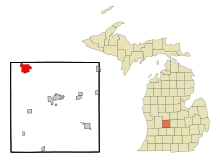 Ionia County Michigan Sisällytetyt ja rekisteröimättömät alueet Belding Highlighted.svg