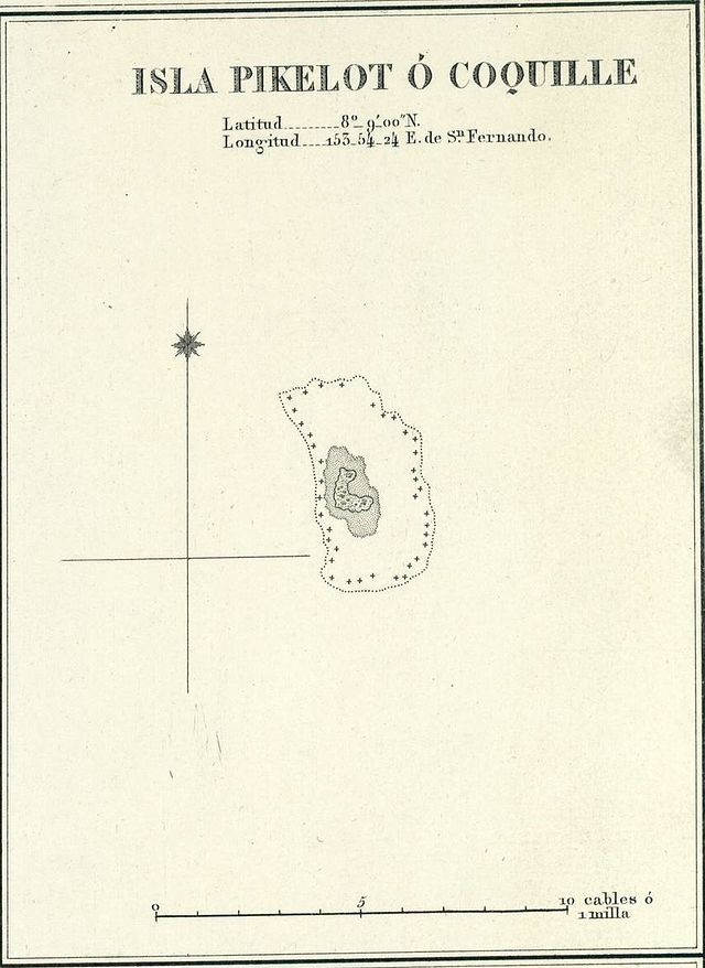 Carte espagnole. Île de Pikelot ou Coquille (selon Krusenstern). 1886.