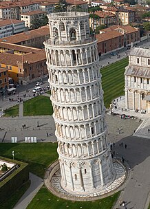 Det lutande tornet i Pisa med sina omslutande arkader är det mest kända (och rikt dekorerade) av de många cirkulära tornen som finns i Italien.