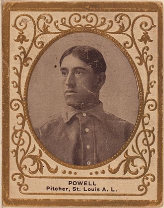 Jack Powell, the Browns' Opening Day starting pitcher in 1909 and 1911 Jack Powell baseball card.jpg