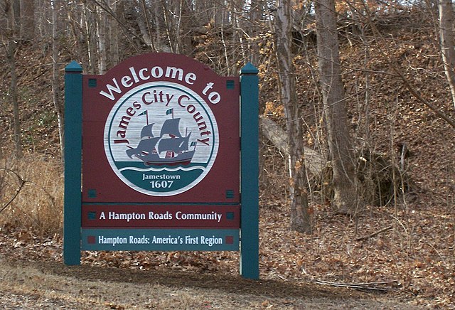 James City County sign on U.S. Route 60 entering Grove from east at Skiffe's Creek. This border with the former Warwick County was established in 1634