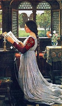 The Missal, by John William Waterhouse (1902), depicts a woman kneeling on a prie-dieu, a piece of furniture with a built-in kneeler John William Waterhouse - The Missal.JPG