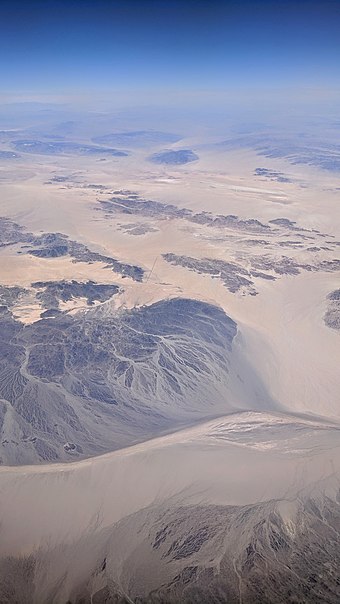 Aerial view of the desert wilderness area in the northeast corner of Joshua Tree National Park, and the transition zone between the Mojave Desert and the Colorado Desert. The upper part of the image is the Mojave Desert north of the park.