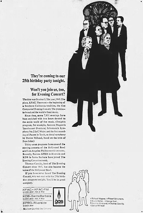 A 25th "birthday party" advertisement for KFAC's Gas Company Evening Concert featuring caricatures of multiple classical music composers including Richard Wagner, Maurice Abravanel and George Szell. Thomas Cassidy, Evening Concert host from 1943 to 1987, is seen standing at far right.