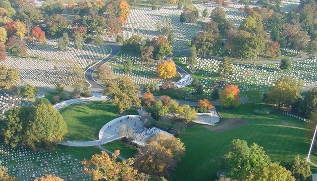 Aerial view of the President John F. Kennedy grave site and Eternal Flame at Arlington National Cemetery in Arlington, Virginia, in November 2005.