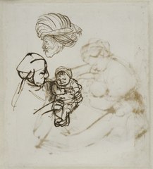 Woman holding a child, and the head of a man with a turban