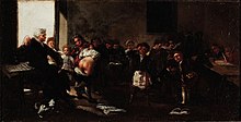 With Pain Comes Gain, by Francisco de Goya (1780s). The work shows a scene in a school where the teacher is whipping a pupil, who uncovers his buttocks to receive the punishment. Next to him are other pupils crying after having received the same lesson. La letra con sangre entra.jpg
