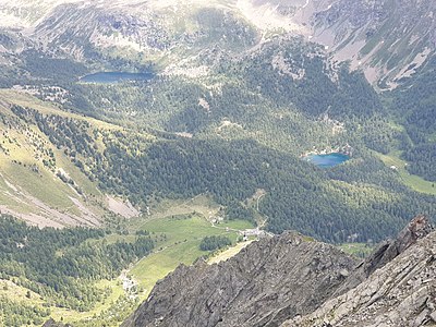 Blick zum Lagh da Saoseo (unten) und Lagh da Val Viola (oben).