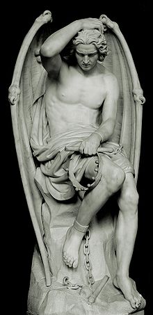 Le genie du mal (1848) by Guillaume Geefs (Liege Cathedral), known in English as The Genius of Evil, The Spirit of Evil, The Lucifer of Liege, or simply Lucifer Lucifer Liege Luc Viatour new.jpg