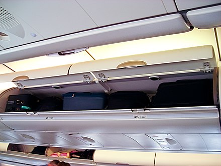 Hand luggage compartments of an Airbus A340-600 aircraft (economy class), also referred to as "overhead bins"