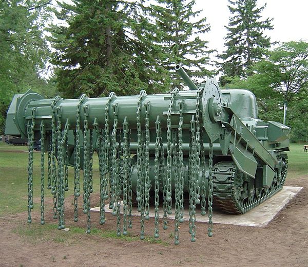 A preserved World War II Sherman Crab, an M4 Sherman tank fitted with a flail