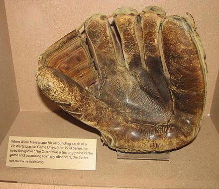 "Right-handed" baseball glove worn on the left hand of center fielder Willie Mays during the 1954 World Series.